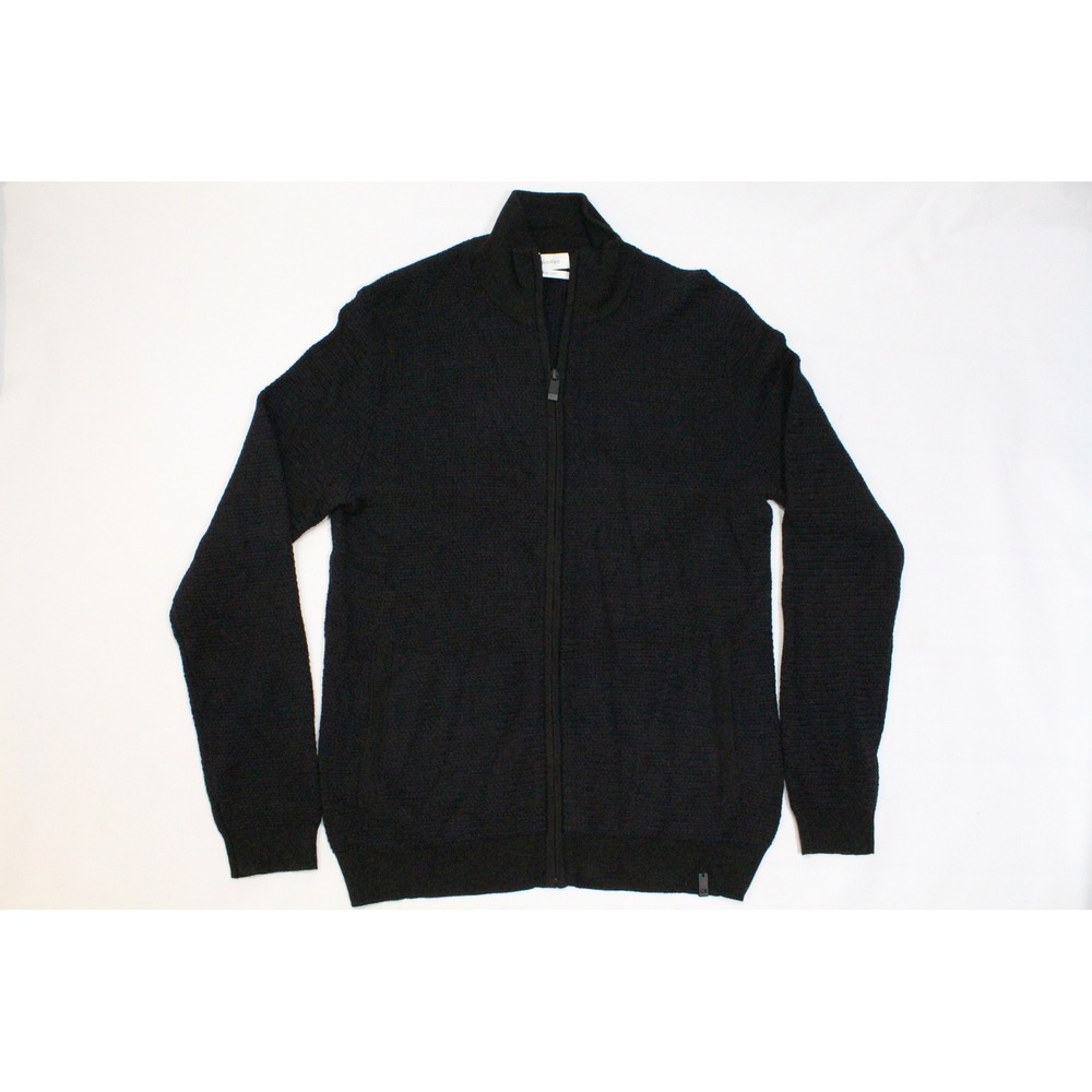 Calvin Klein Mens Black/Navy Merino Blend Full Zip Cardigan Sweater Italian Yarn
